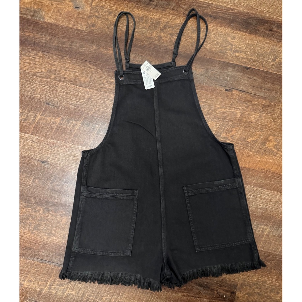 Aerie NWT Charcoal Black Denim Shortalls Frayed Hem Overalls Size Small